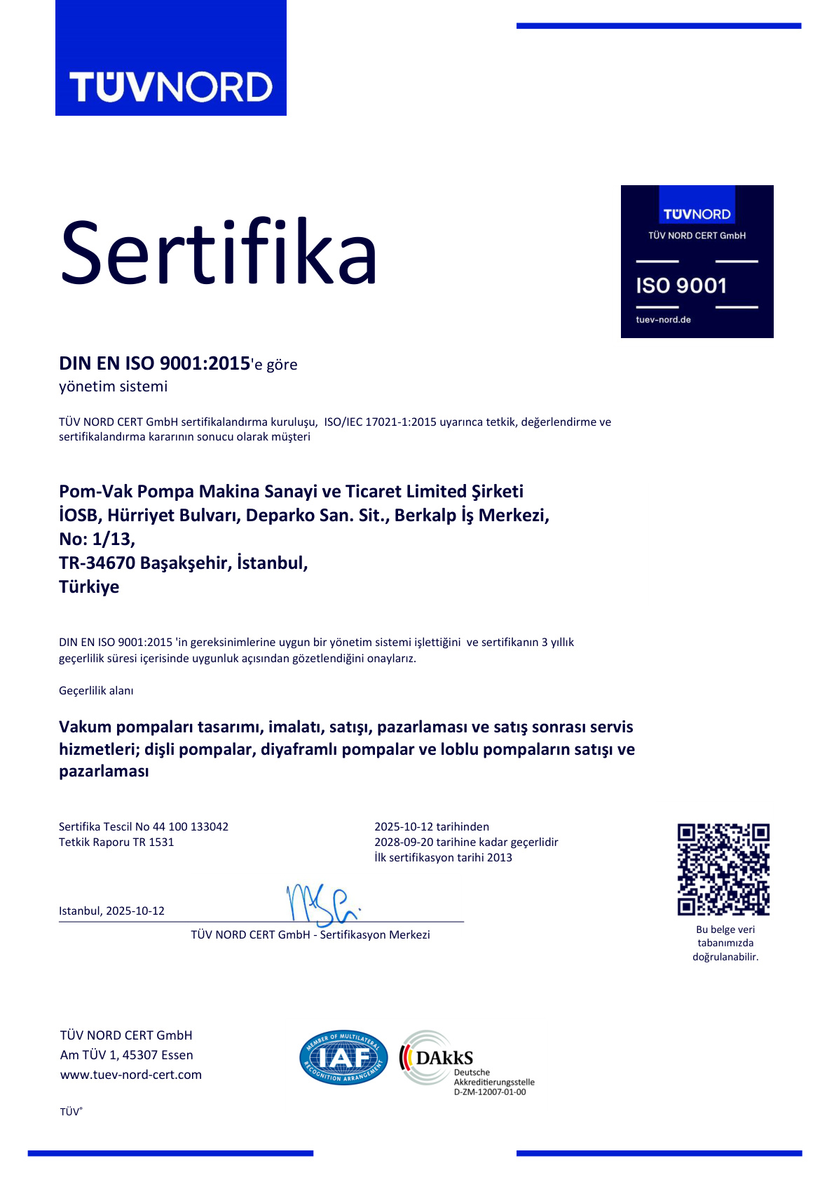 ISO 9001:2015 Sertifikası TR